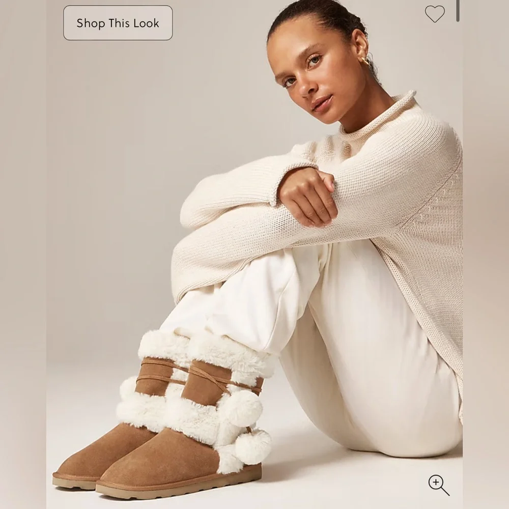 J. Crew NIB Faux-Fur Lined Cozy Brown‎ Booties in Suede with Pom-Pom